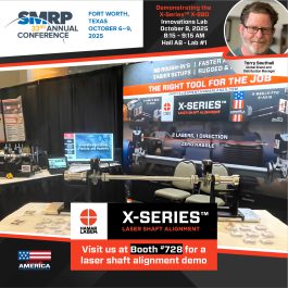 Hamar Laser booth display for the X-Series Laser Shaft Alignment Systems at SMRP 2025. Banner highlights the X-660 and X-880 systems. Text notes Booth #728 for live demos and Terry Southall presenting an Innovation Lab session on October 8, 2025.