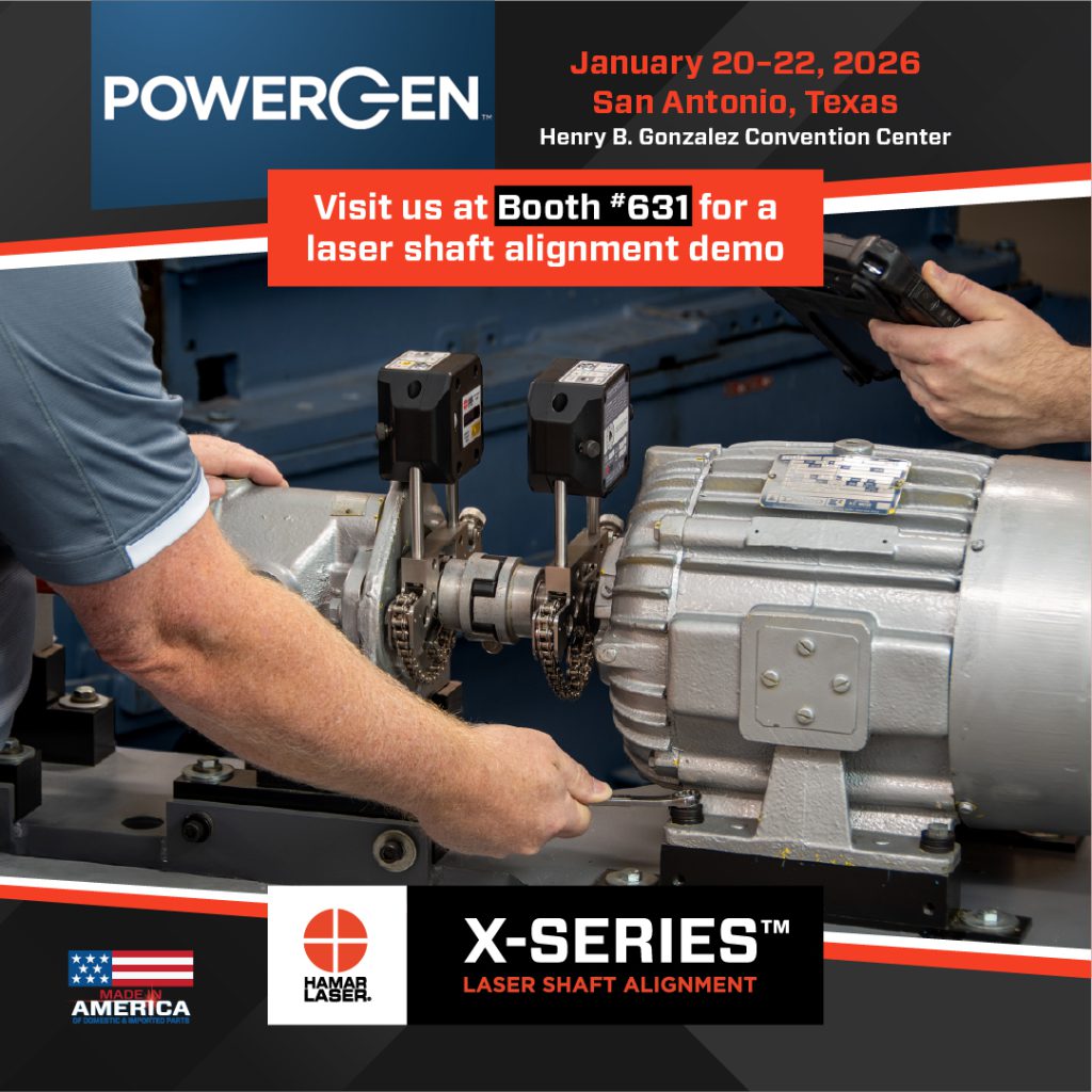 Conference announcement graphic: ‘Visit Us at PowerGen 2026 – Booth #631 | San Antonio, TX | January 20-22’. Background shows alignment of pump and motor equipment. X-Series and Hamar Laser logos included.