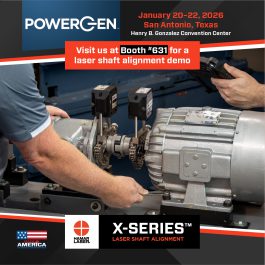 Conference announcement graphic: ‘Visit Us at PowerGen 2026 – Booth #631 | San Antonio, TX | January 20-22’. Background shows alignment of pump and motor equipment. X-Series and Hamar Laser logos included.