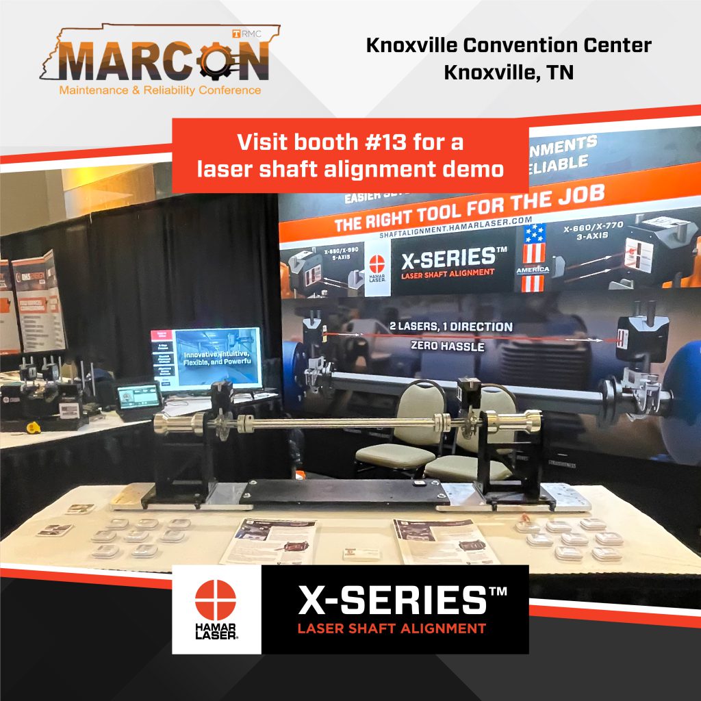 Visit booth #13 for a laser shaft alignment demo. X-Series Laser Shaft Alignment. Photo of the 2025 MARCON booth in the Knoxville Convention Center in Knoxville, TN