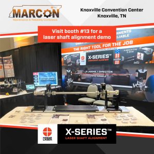 Visit booth #13 for a laser shaft alignment demo. X-Series Laser Shaft Alignment. Photo of the 2025 MARCON booth in the Knoxville Convention Center in Knoxville, TN