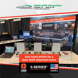 X-Series laser shaft alignment booth display at an industry expo, promoting live demos and inviting attendees to visit Booth 1224 at EASA 2026 in Orlando.